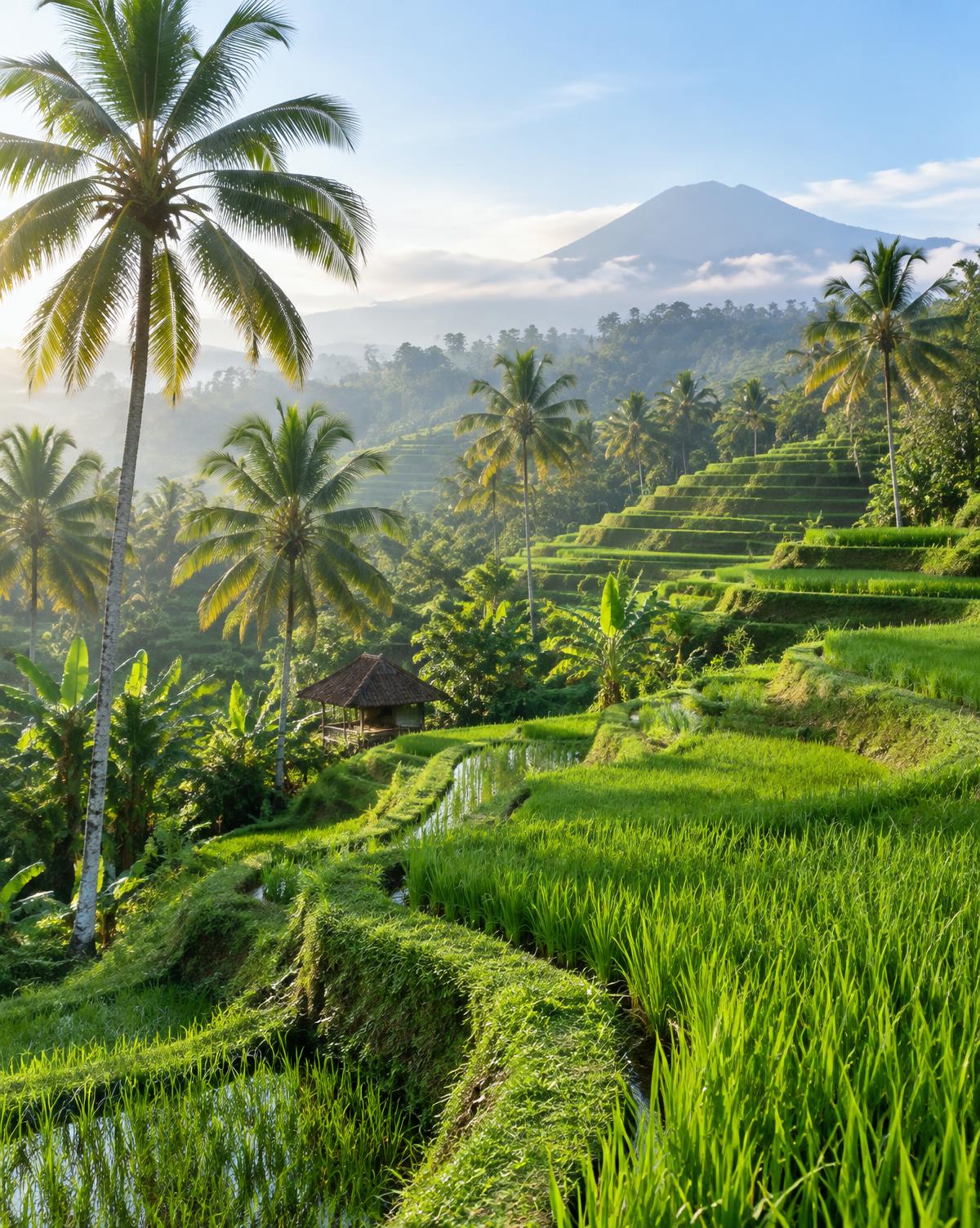 Green terraced rice fields with palm trees in Bali