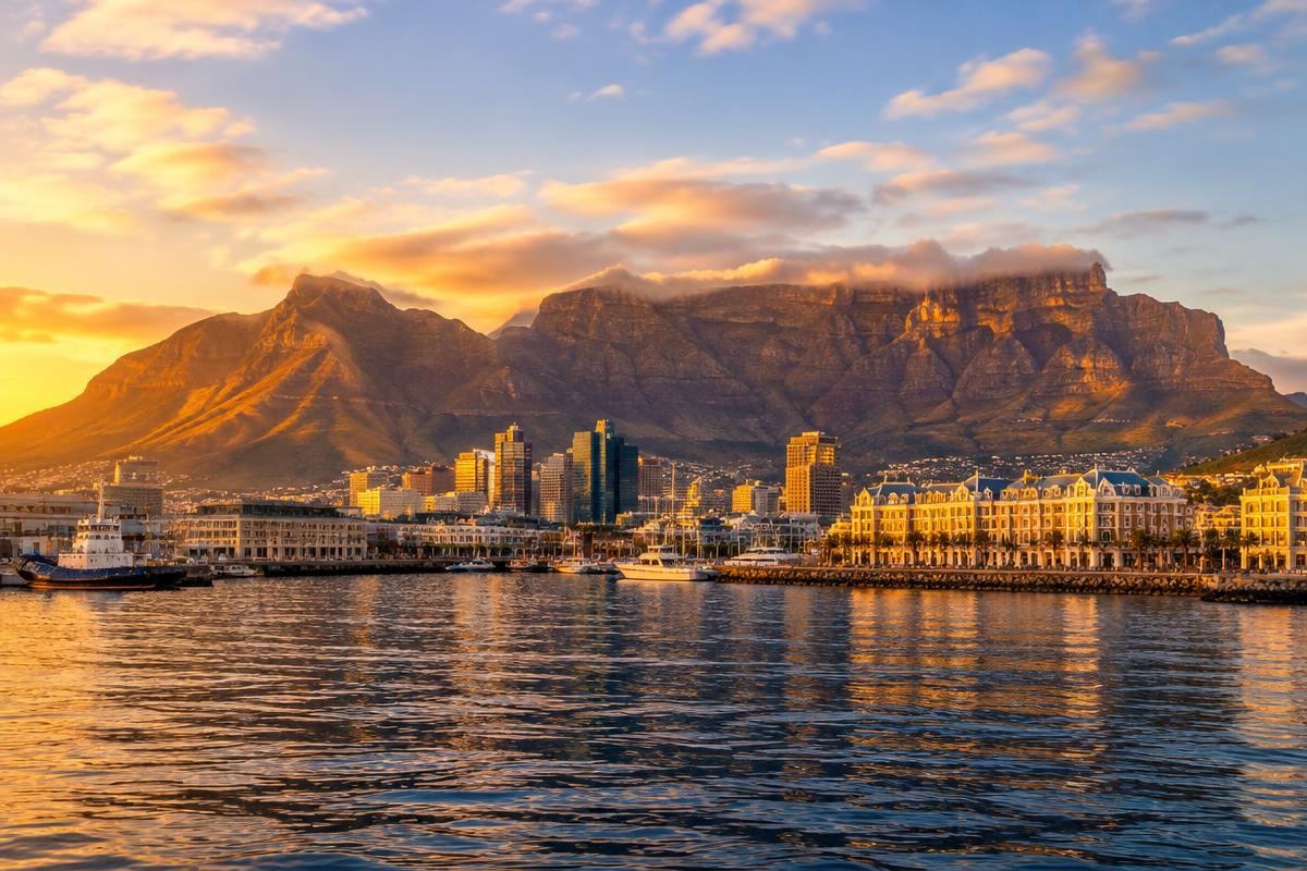 Table Mountain rising above Cape Town's harbour at golden hour