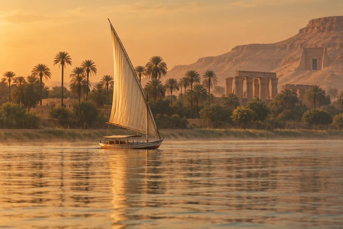 A felucca sailboat on the Nile at golden hour with palms and temple columns along the bank