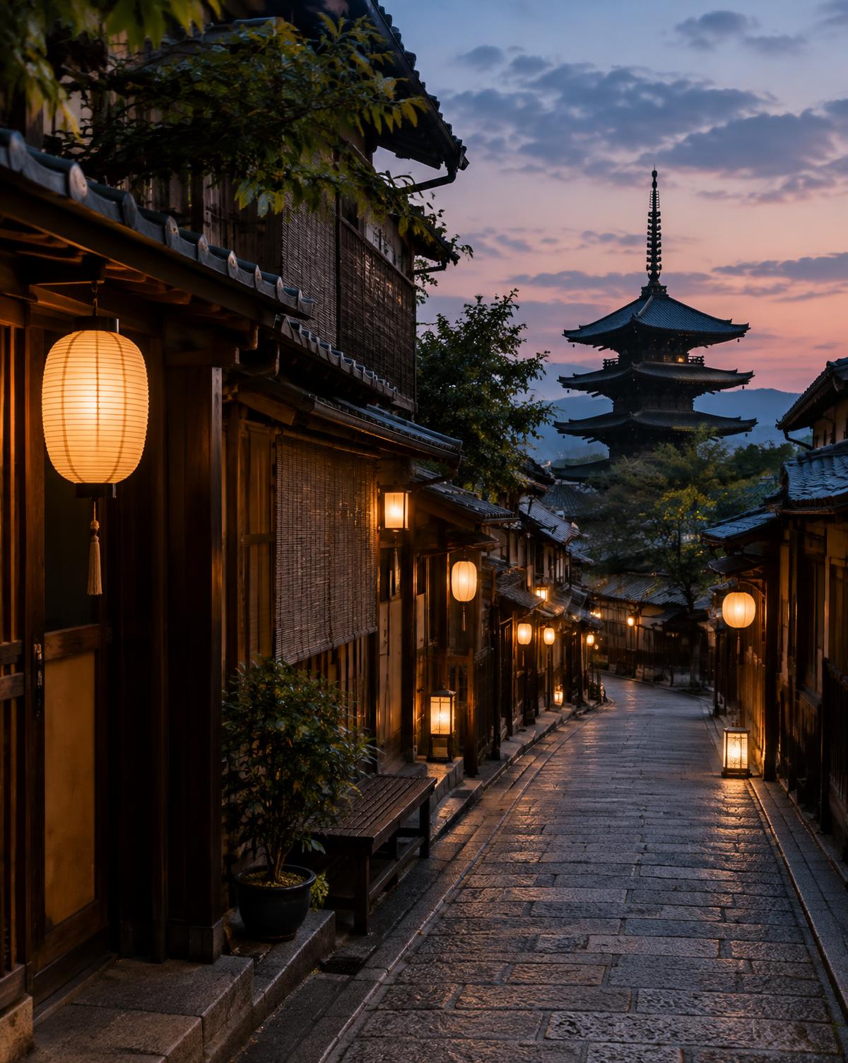 Traditional wooden lane with lanterns in Kyoto at dusk