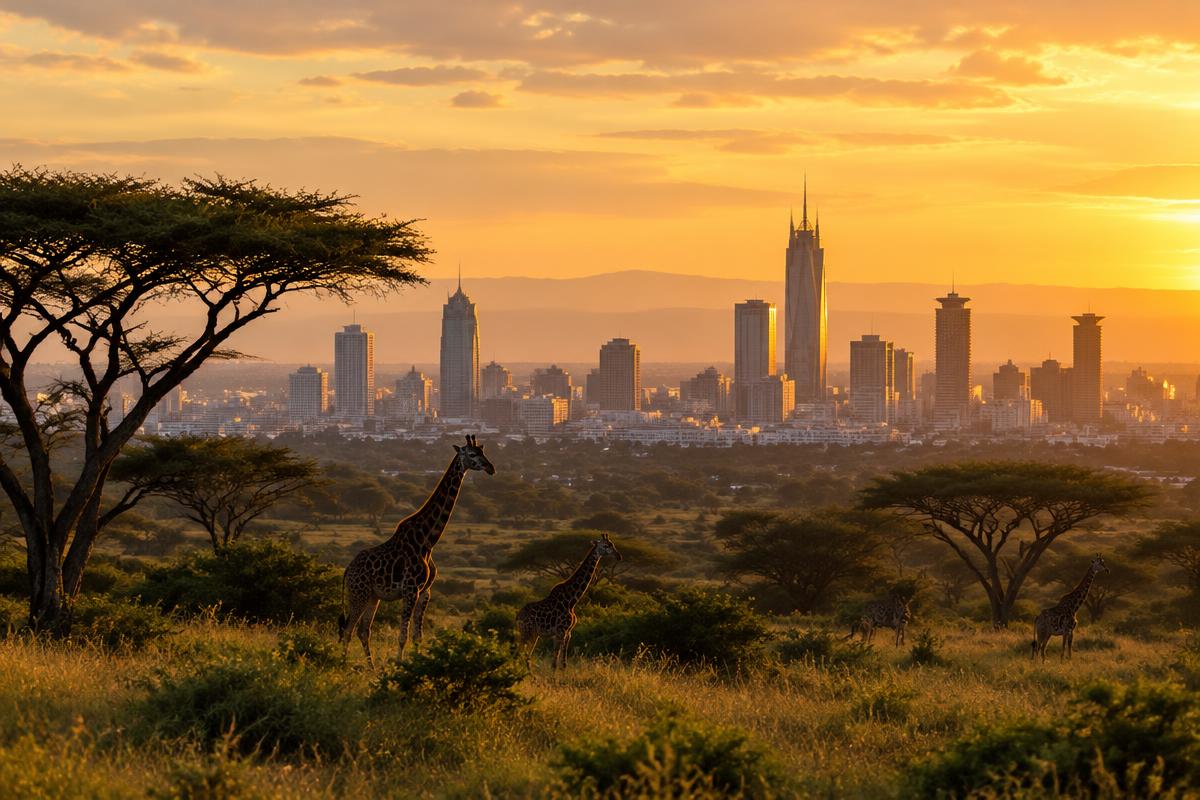 Giraffes on savannah grassland with the Nairobi skyline at sunset