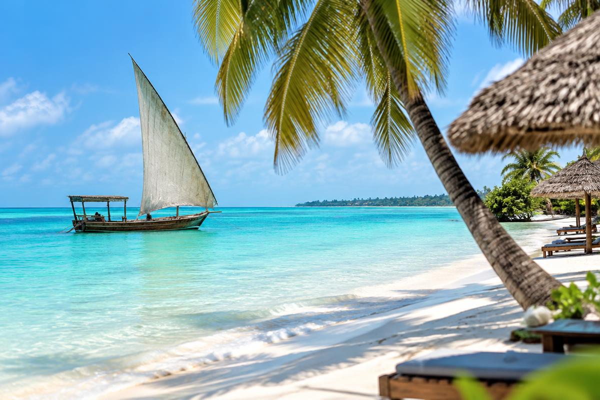 A dhow sailing boat on turquoise water beside a palm-lined white-sand beach in Zanzibar